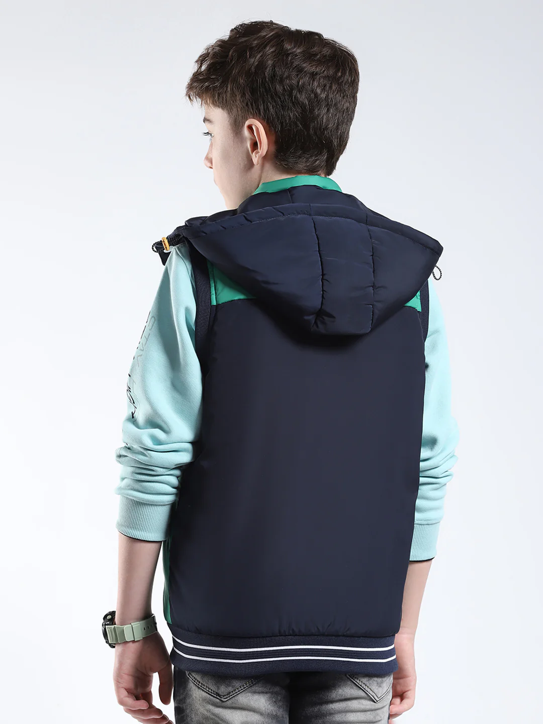 Boys Navy Blue Solid Hooded Sleeveless Jacket - Image 5