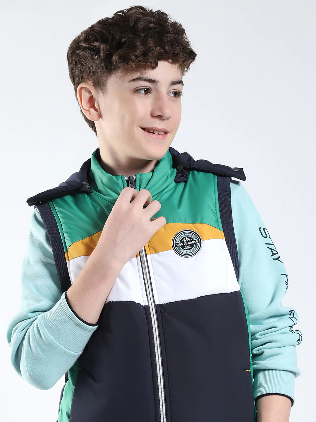 Boys Navy Blue Solid Hooded Sleeveless Jacket - Image 6