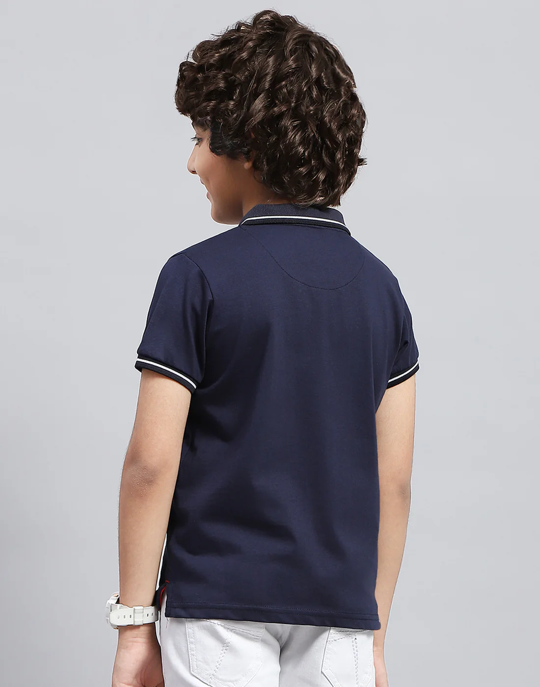 Boys Navy Blue Solid Polo Collar Half Sleeve T-Shirt - Image 5