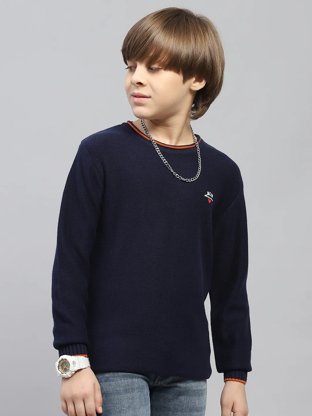 Boys Navy Blue Solid Round Neck Full Sleeve Pullover - Image 4