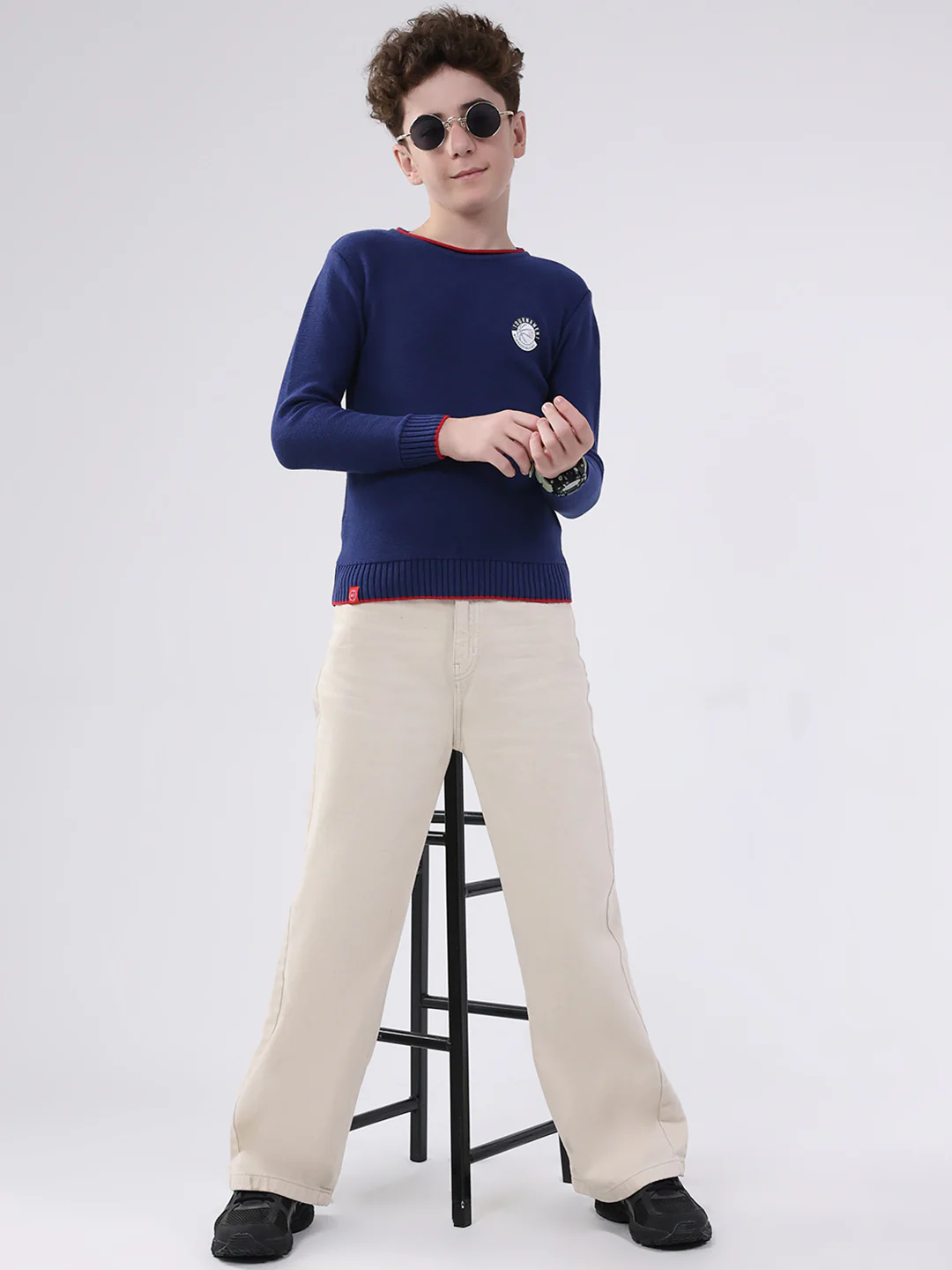 Boys Navy Blue Solid Round Neck Full Sleeve Pullover - Image 2