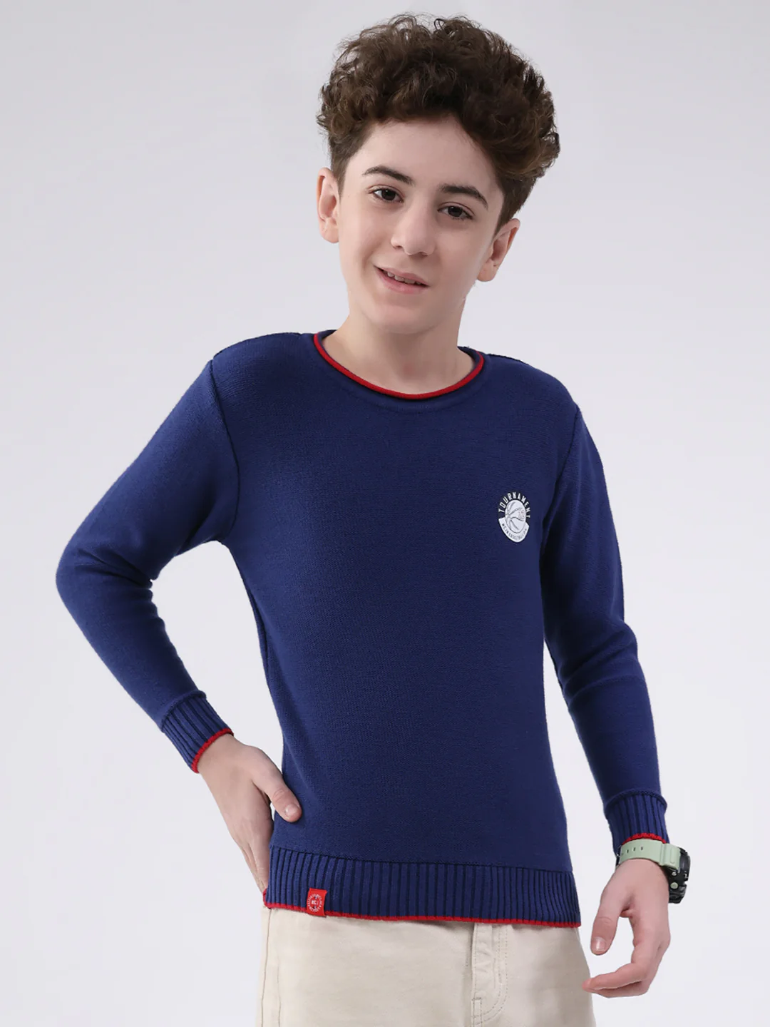 Boys Navy Blue Solid Round Neck Full Sleeve Pullover - Image 4