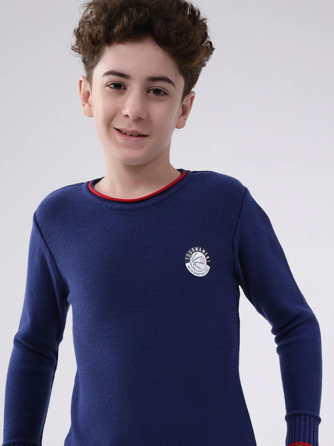 Boys Navy Blue Solid Round Neck Full Sleeve Pullover - Image 6