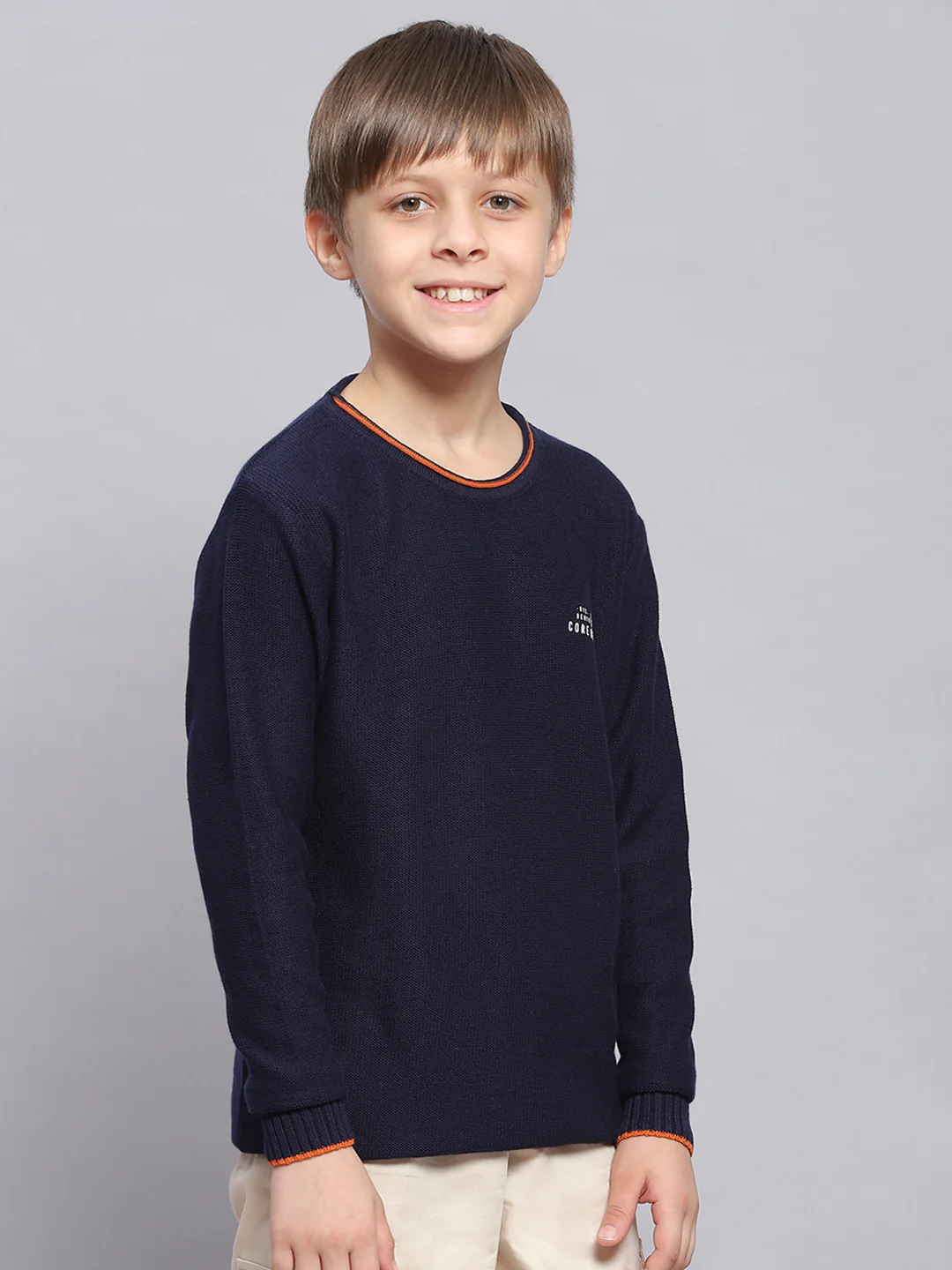 Boys Navy Blue Solid Round Neck Full Sleeve Sweater - Image 4