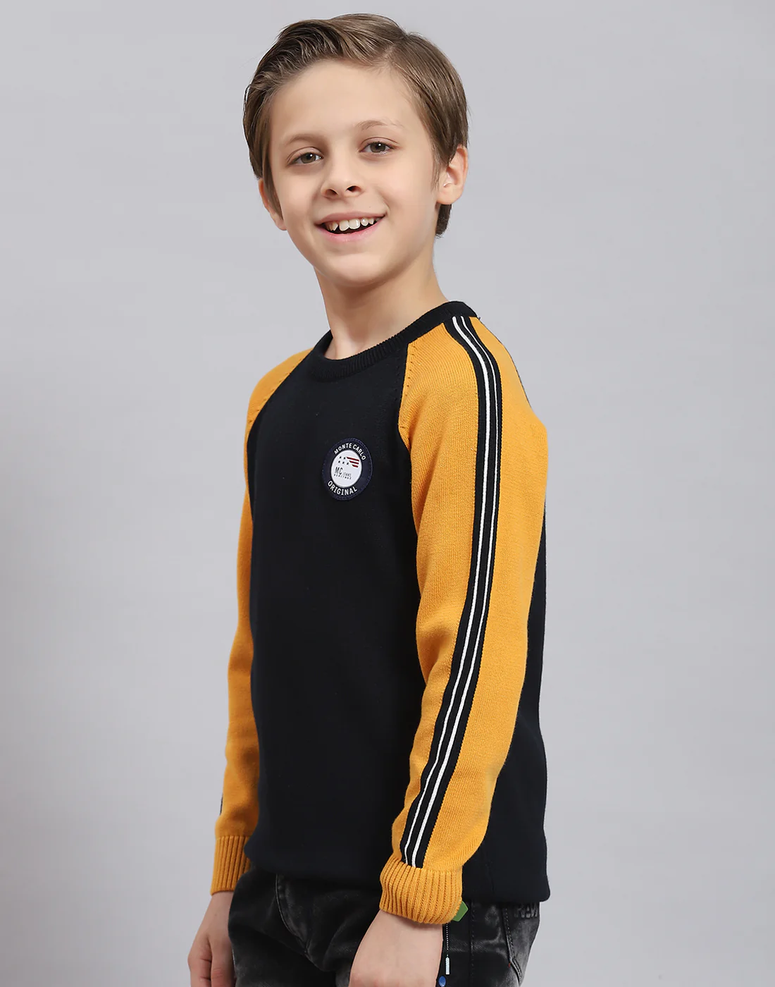 Boys Navy Blue Solid Round Neck Full Sleeve Sweater - Image 3