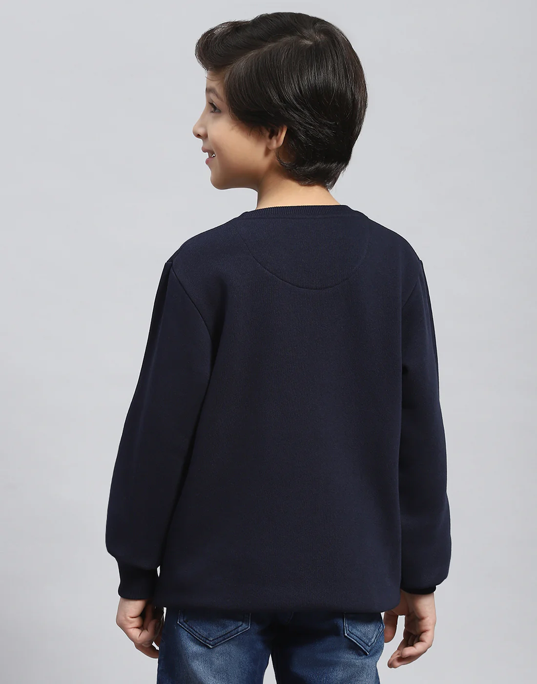 Boys Navy Blue Solid Round Neck Full Sleeve Sweatshirt - Image 5