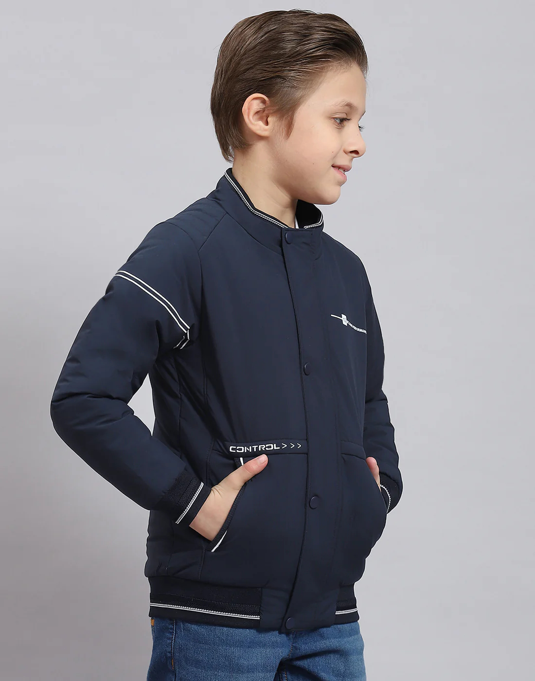 Boys Navy Blue Solid Stand Collar Full Sleeve Boys Jacket - Image 4