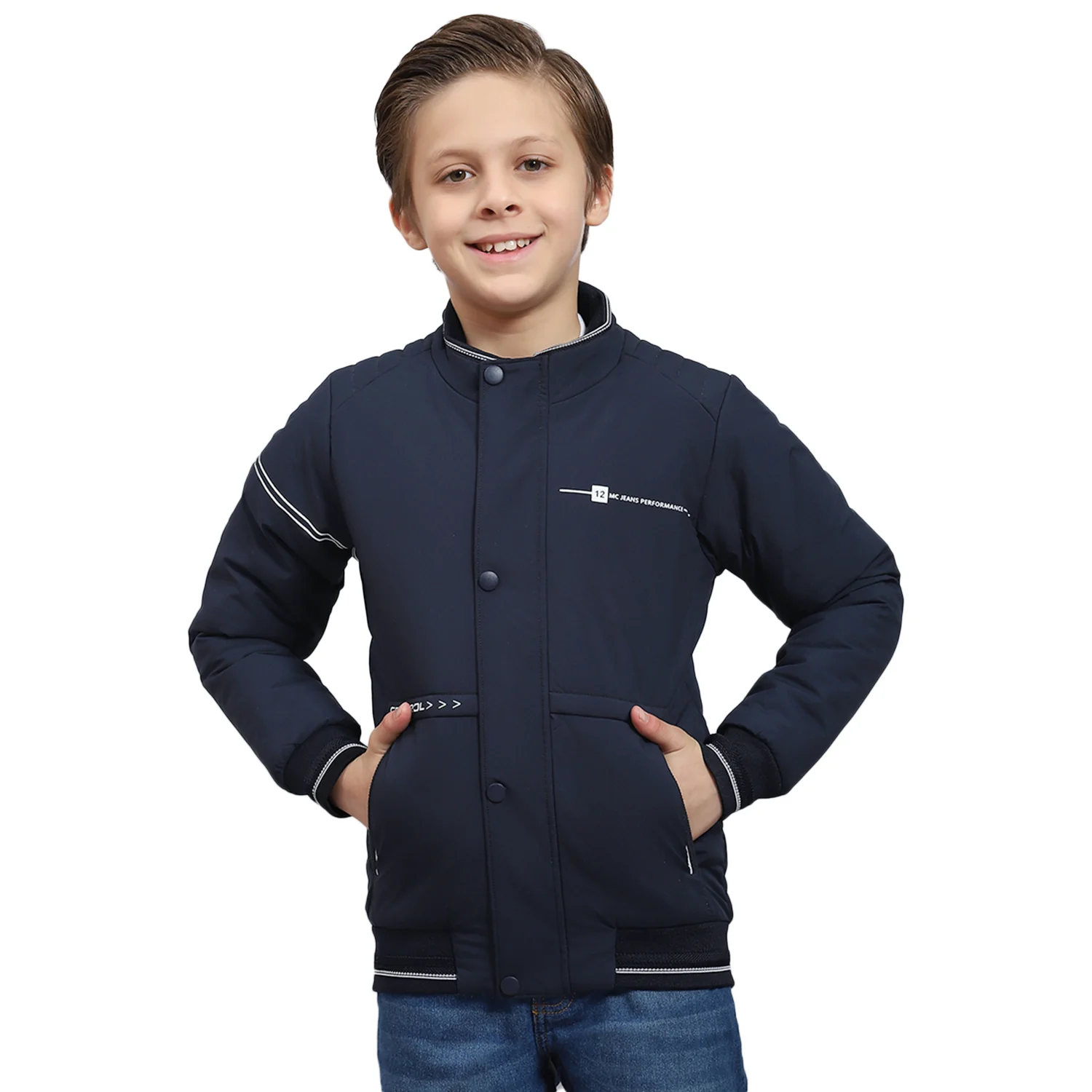 Boys Navy Blue Solid Stand Collar Full Sleeve Boys Jacket - Image 5