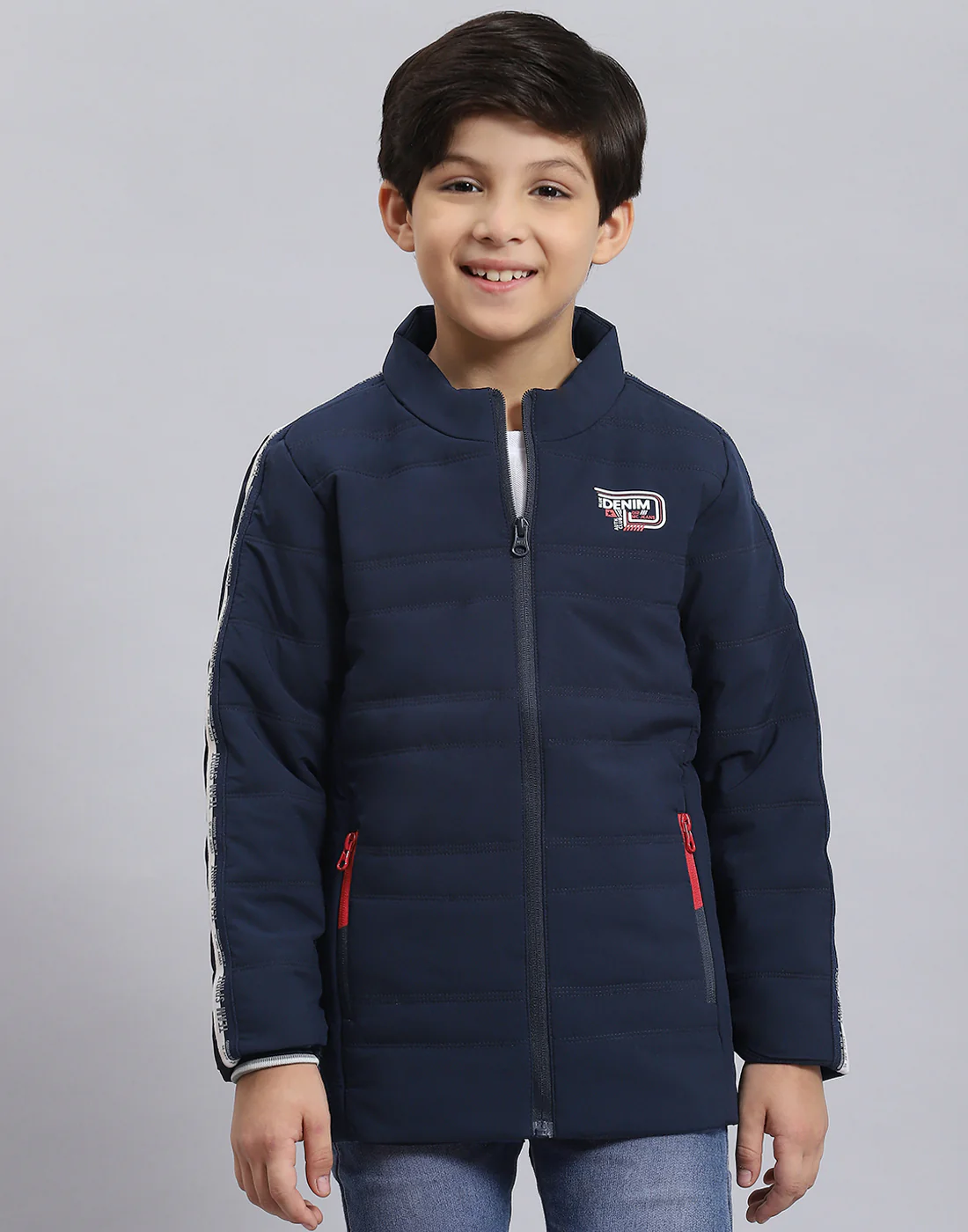 Boys Navy Blue Solid Stand Collar Full Sleeve Boys Jacket - Image 2