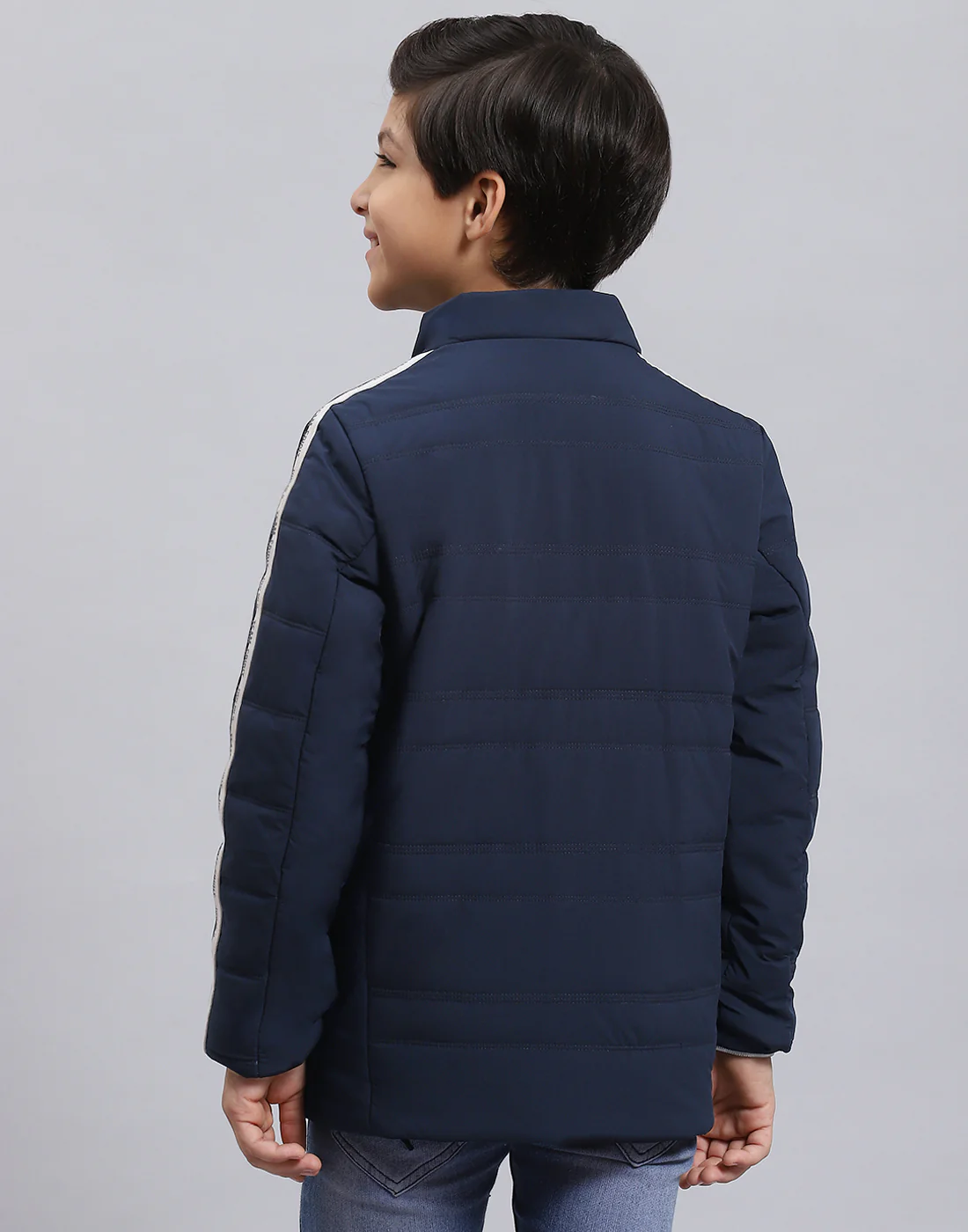 Boys Navy Blue Solid Stand Collar Full Sleeve Boys Jacket - Image 6