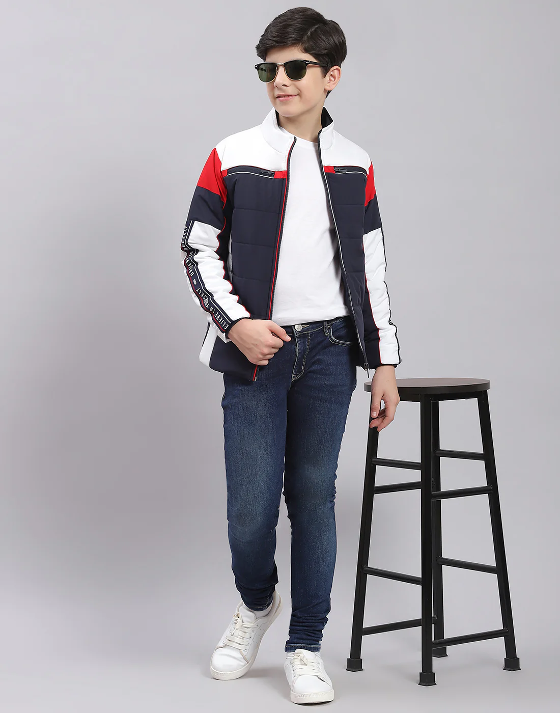 Boys Navy Blue Solid Stand Collar Full Sleeve Boys Jacket - Image 2
