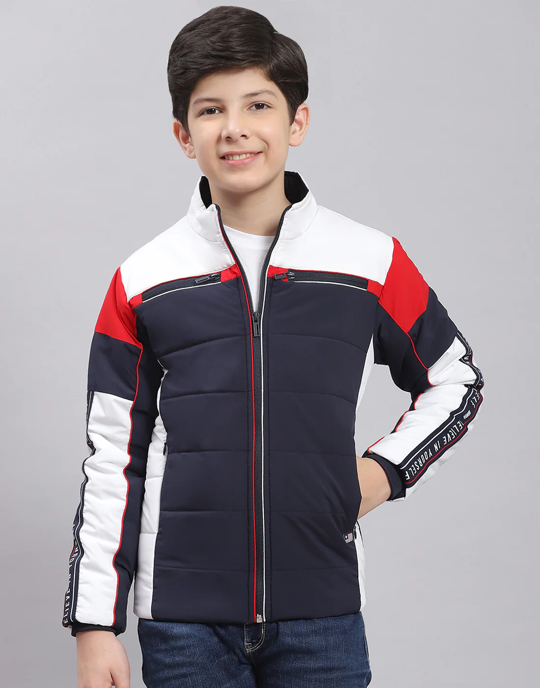 Boys Navy Blue Solid Stand Collar Full Sleeve Boys Jacket - Image 3