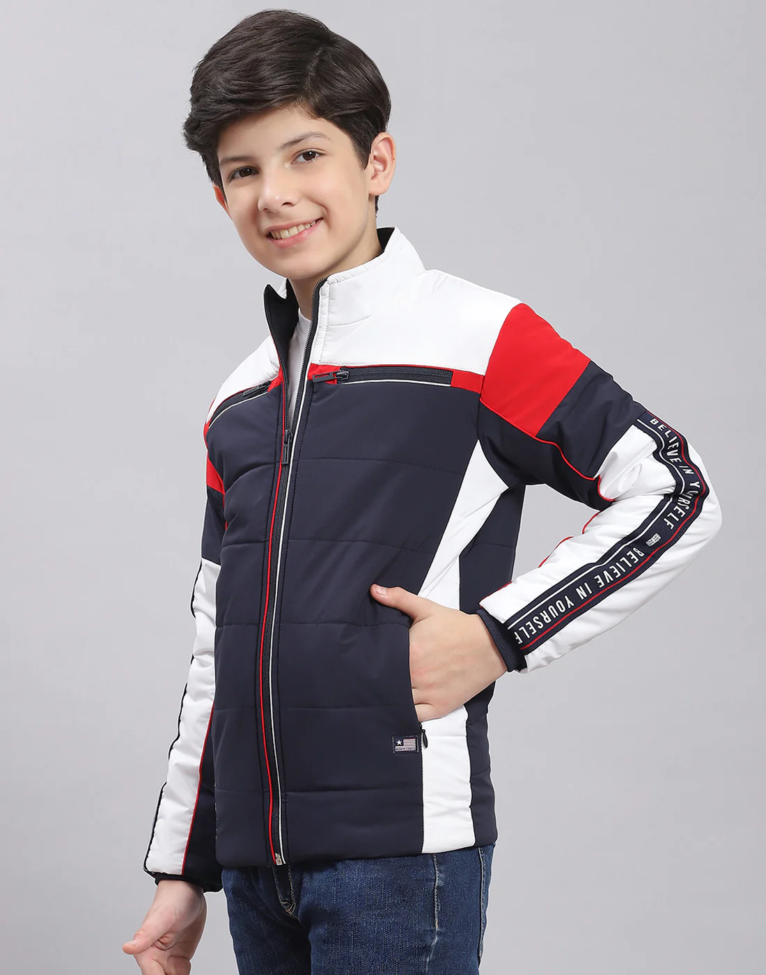 Boys Navy Blue Solid Stand Collar Full Sleeve Boys Jacket - Image 4