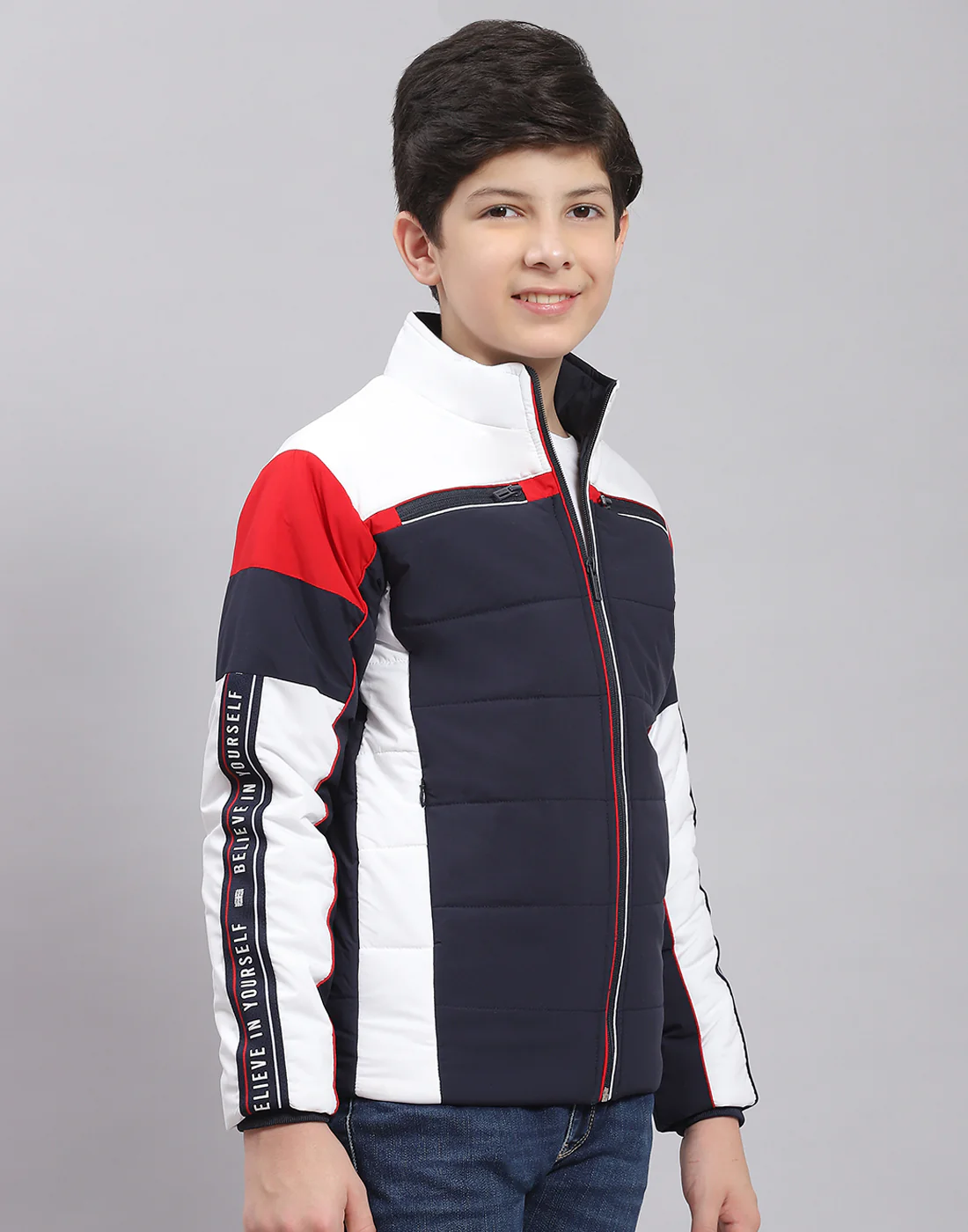 Boys Navy Blue Solid Stand Collar Full Sleeve Boys Jacket - Image 5