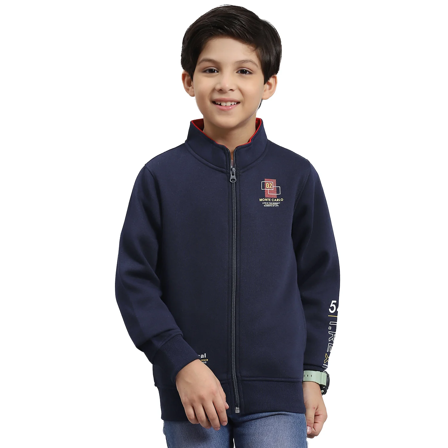 Boys Navy Blue Solid Stand Collar Full Sleeve Sweatshirt - Image 5