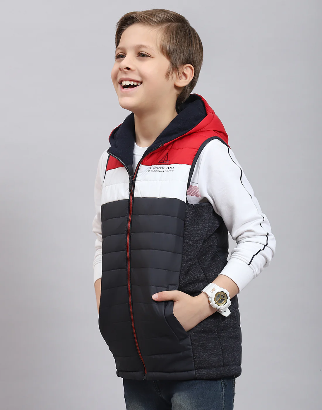 Boys Navy Blue Solid Stand Collar Sleeveless Boys Jacket - Image 3