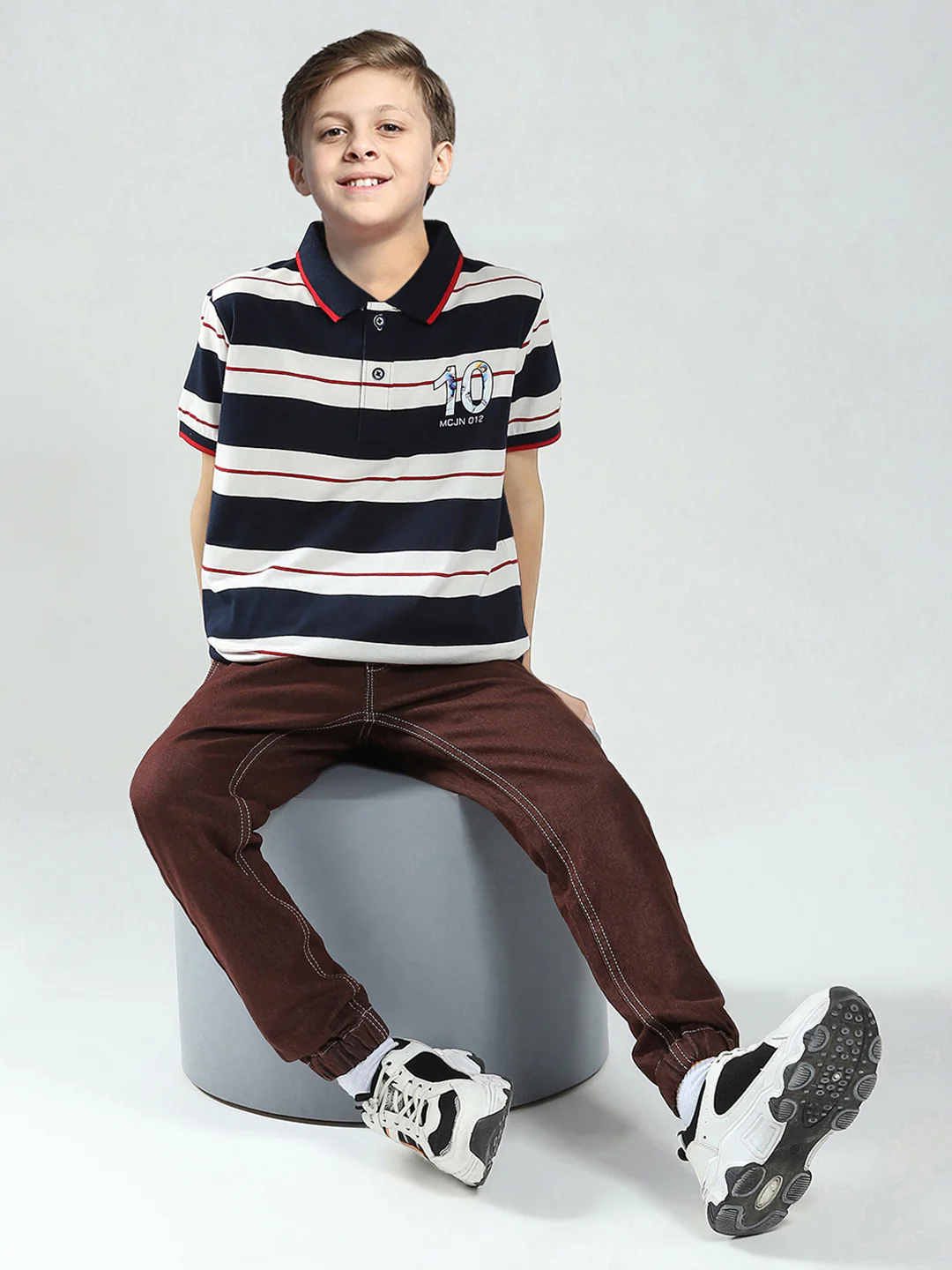 Boys Navy Blue Stripe Collar Half Sleeve T-Shirt - Image 2