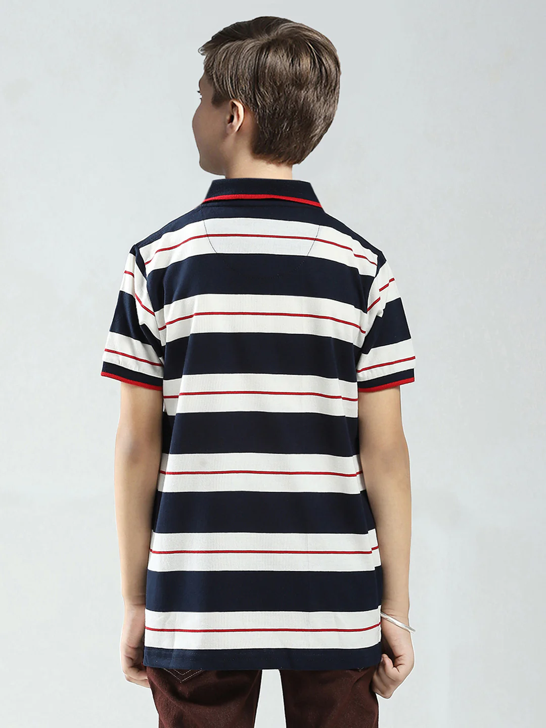 Boys Navy Blue Stripe Collar Half Sleeve T-Shirt - Image 5