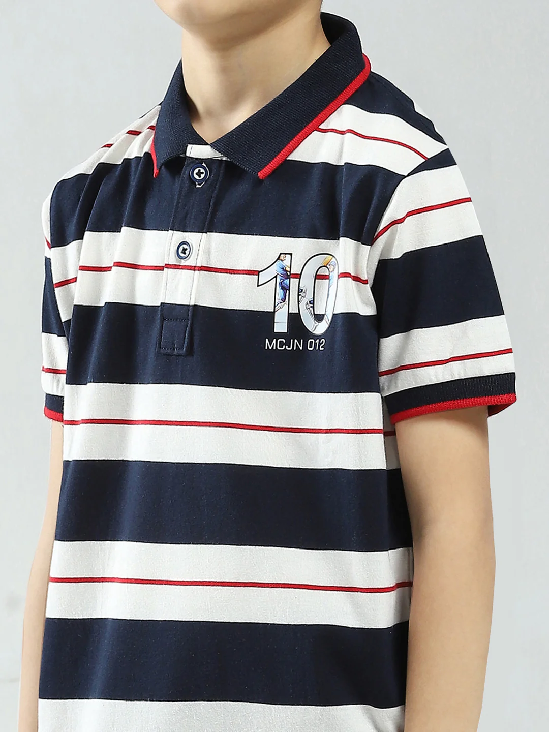 Boys Navy Blue Stripe Collar Half Sleeve T-Shirt - Image 6