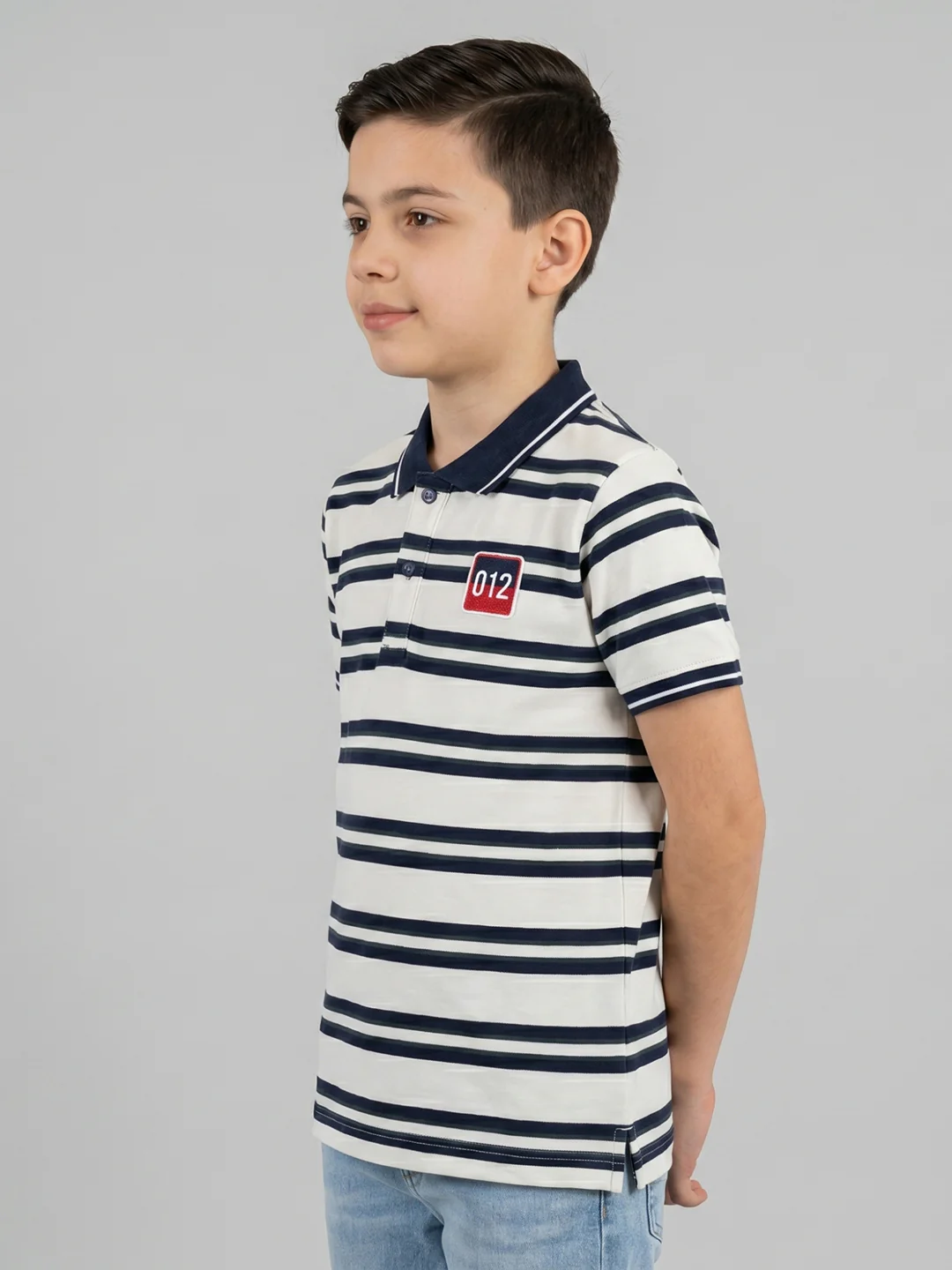 Boys Navy Blue Stripe Collar Half Sleeve T-Shirt - Image 2