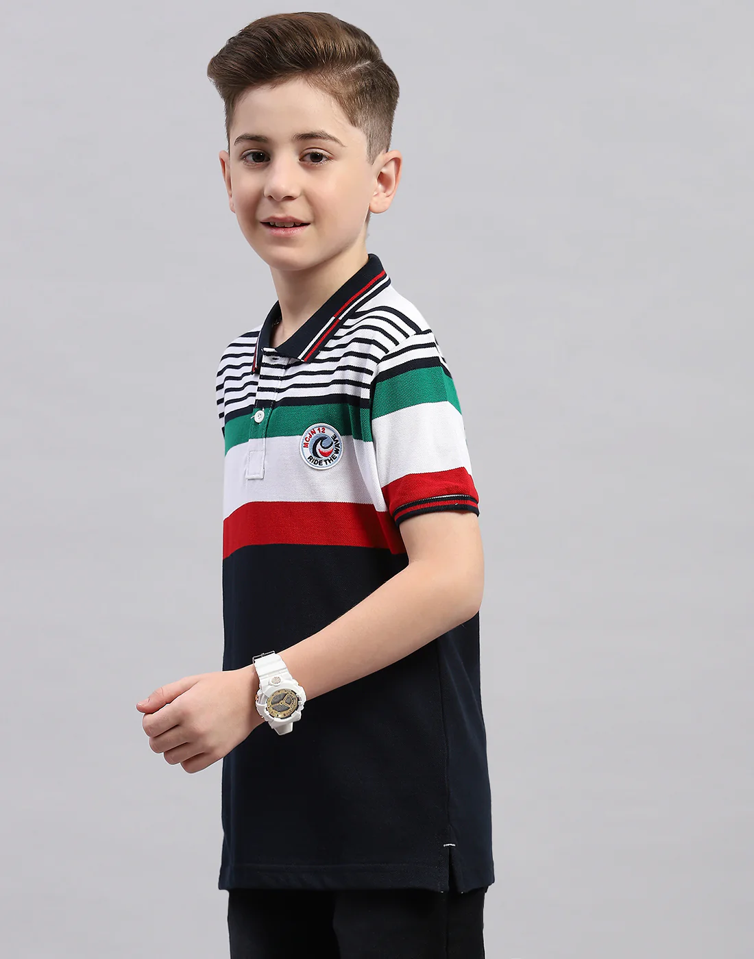 Boys Navy Blue Stripe Polo Collar Half Sleeve T-Shirt - Image 3