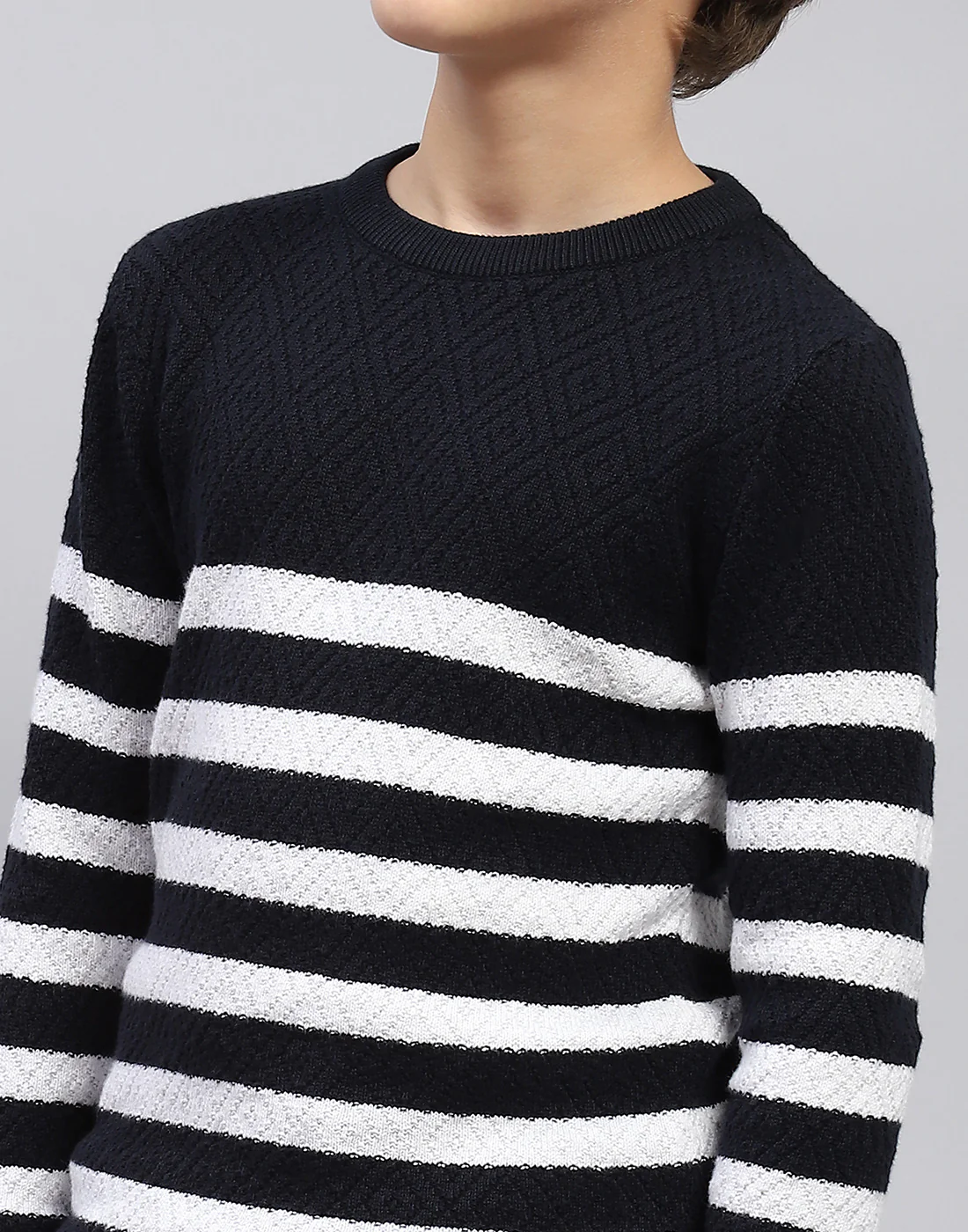 Boys Navy Blue Stripe Round Neck Full Sleeve Pullover - Image 6