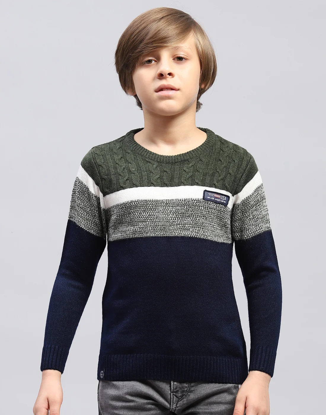 Boys Navy Blue Stripe Round Neck Full Sleeve Pullover - Image 3