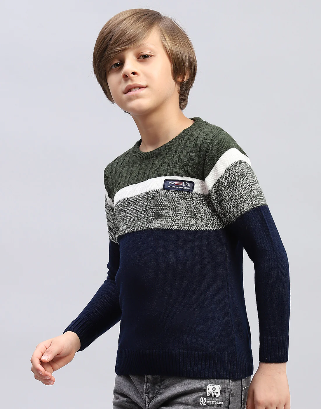 Boys Navy Blue Stripe Round Neck Full Sleeve Pullover - Image 4