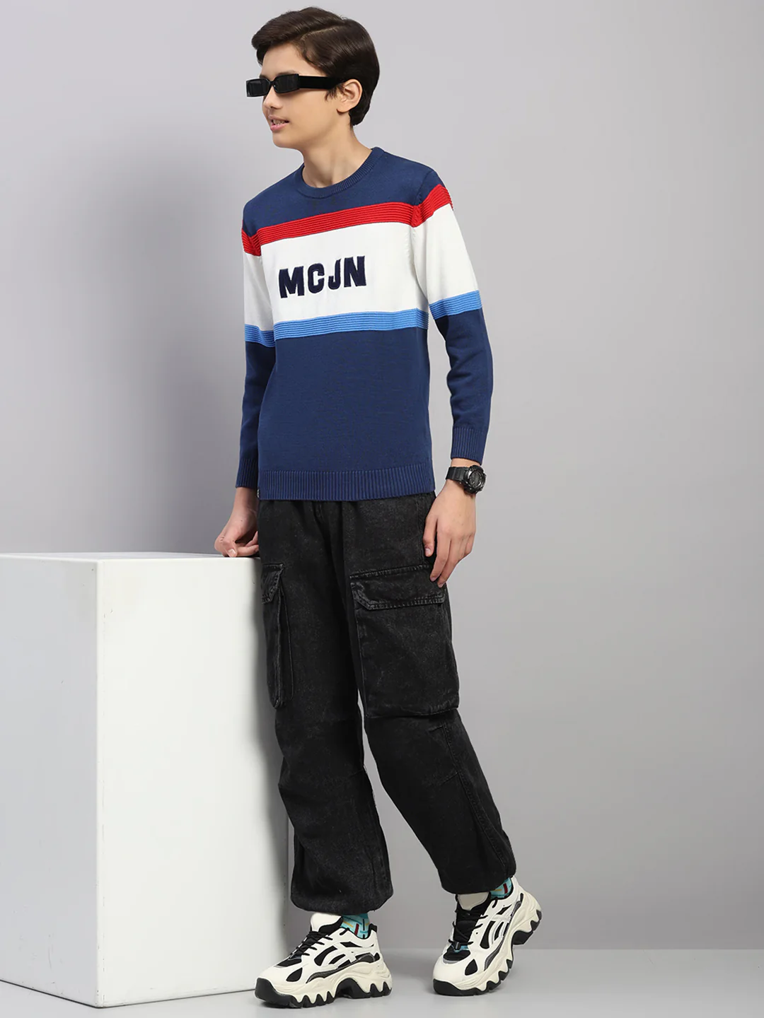 Boys Navy Blue Stripe Round Neck Full Sleeve Pullover - Image 2
