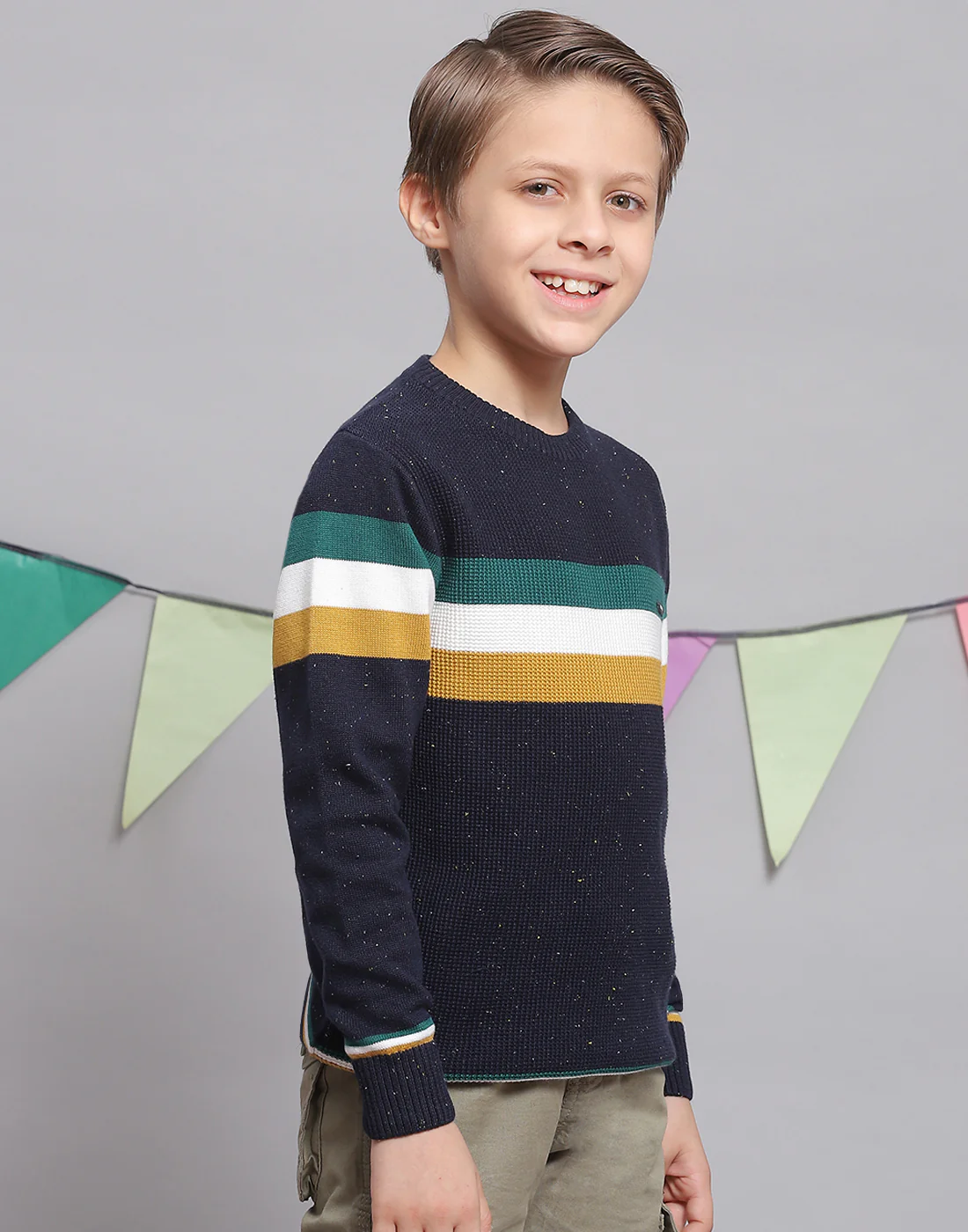 Boys Navy Blue Stripe Round Neck Full Sleeve Sweater - Image 5