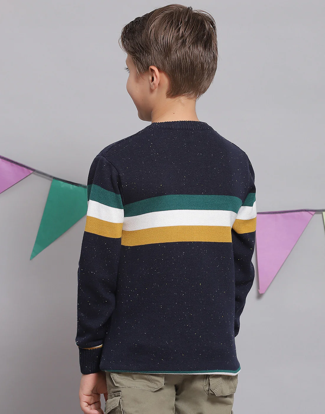 Boys Navy Blue Stripe Round Neck Full Sleeve Sweater - Image 6