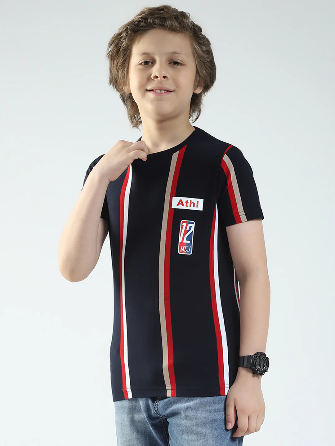 Boys Navy Blue Stripe Round Neck Half Sleeve T-Shirt - Image 3