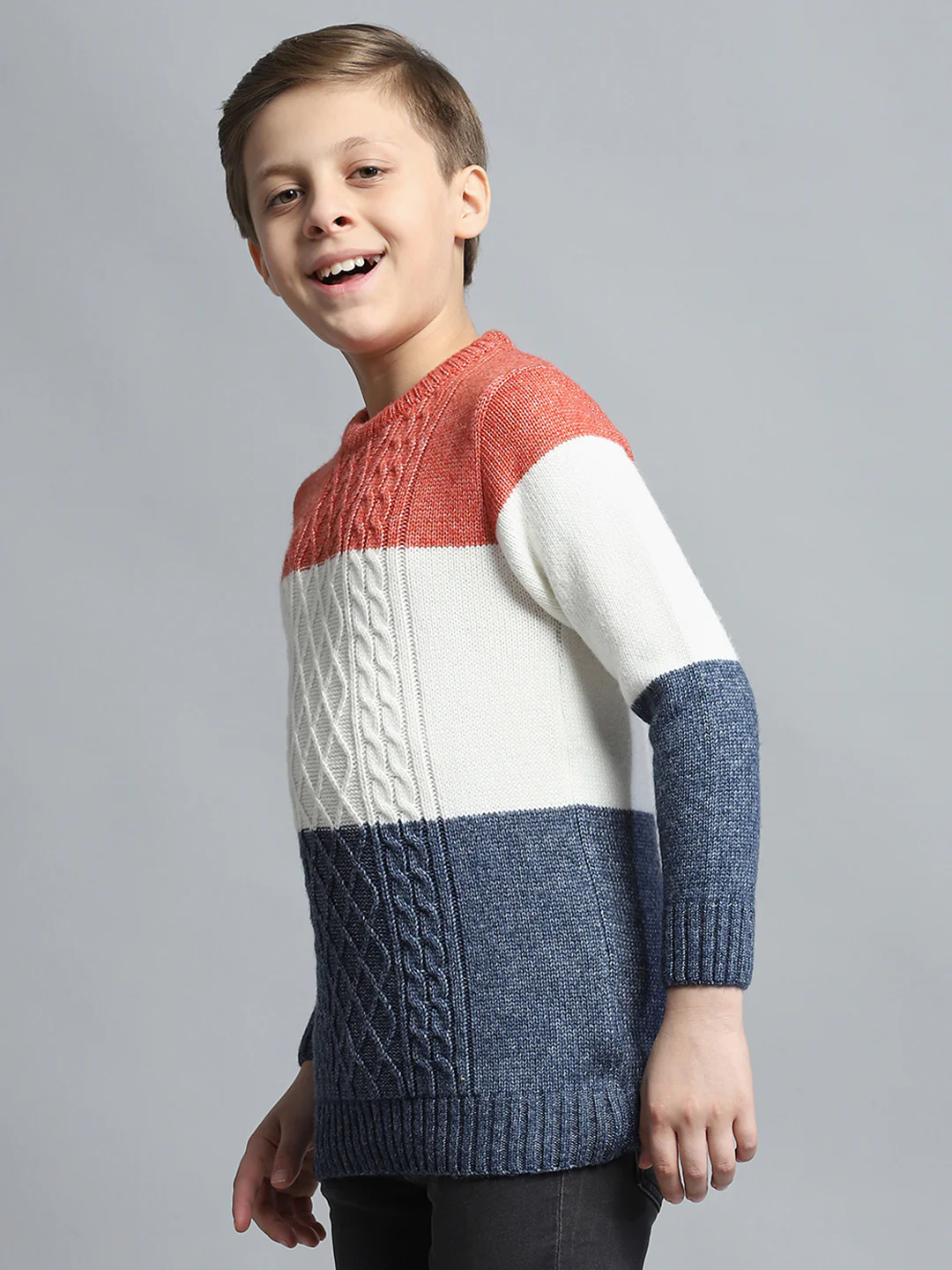 Boys Navy Blue & White Self Design Round Neck Full Sleeve Pullover - Image 3