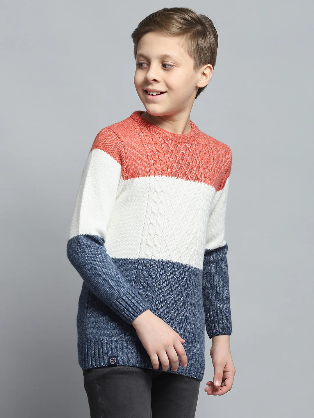 Boys Navy Blue & White Self Design Round Neck Full Sleeve Pullover - Image 4