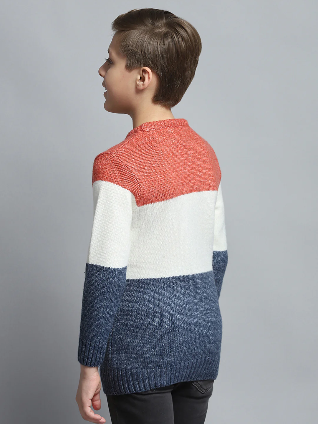 Boys Navy Blue & White Self Design Round Neck Full Sleeve Pullover - Image 5