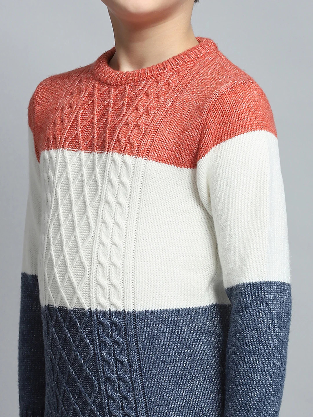 Boys Navy Blue & White Self Design Round Neck Full Sleeve Pullover - Image 6
