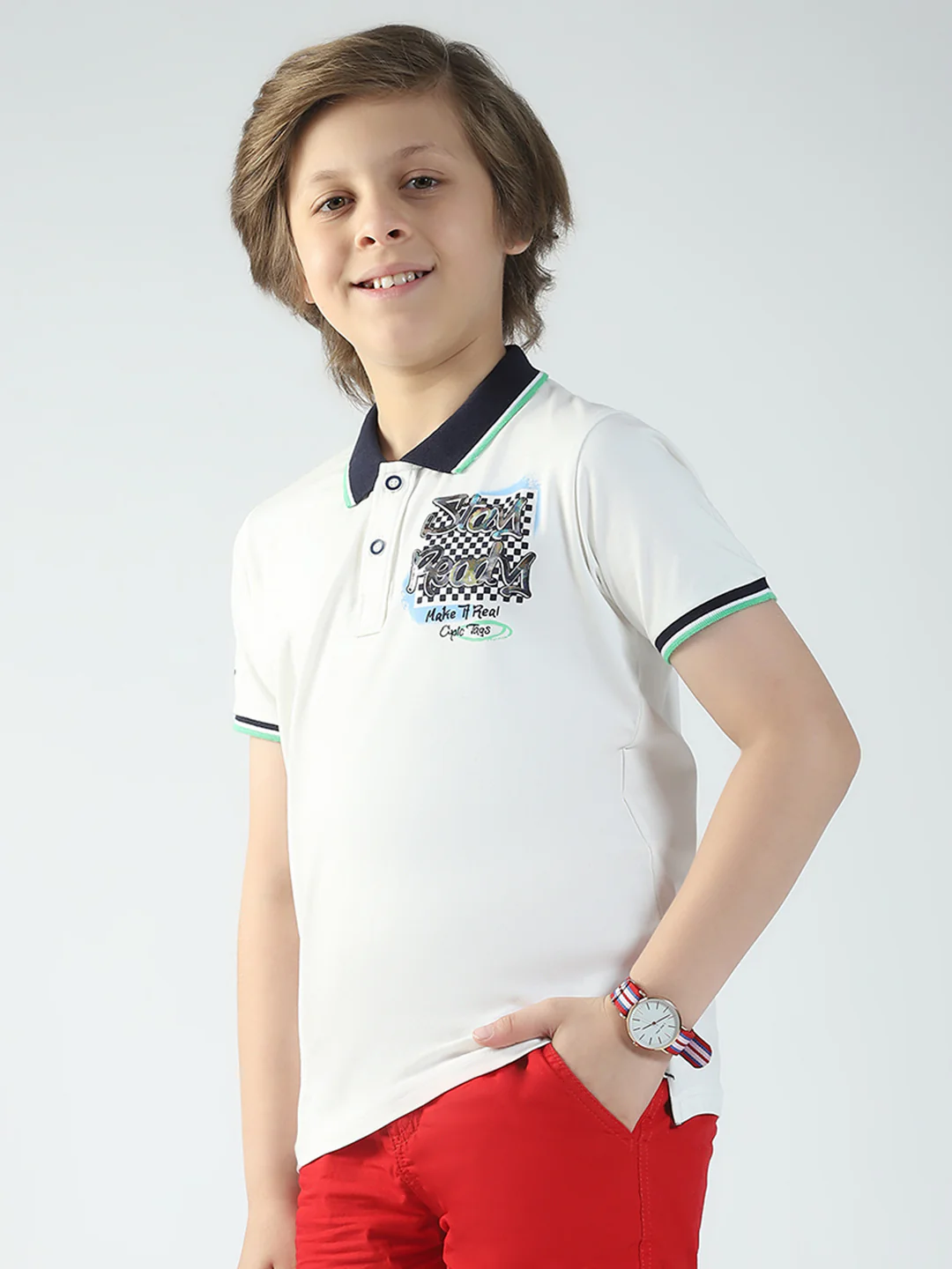 Boys Off White Printed Collar Half Sleeve T-Shirt - Image 3