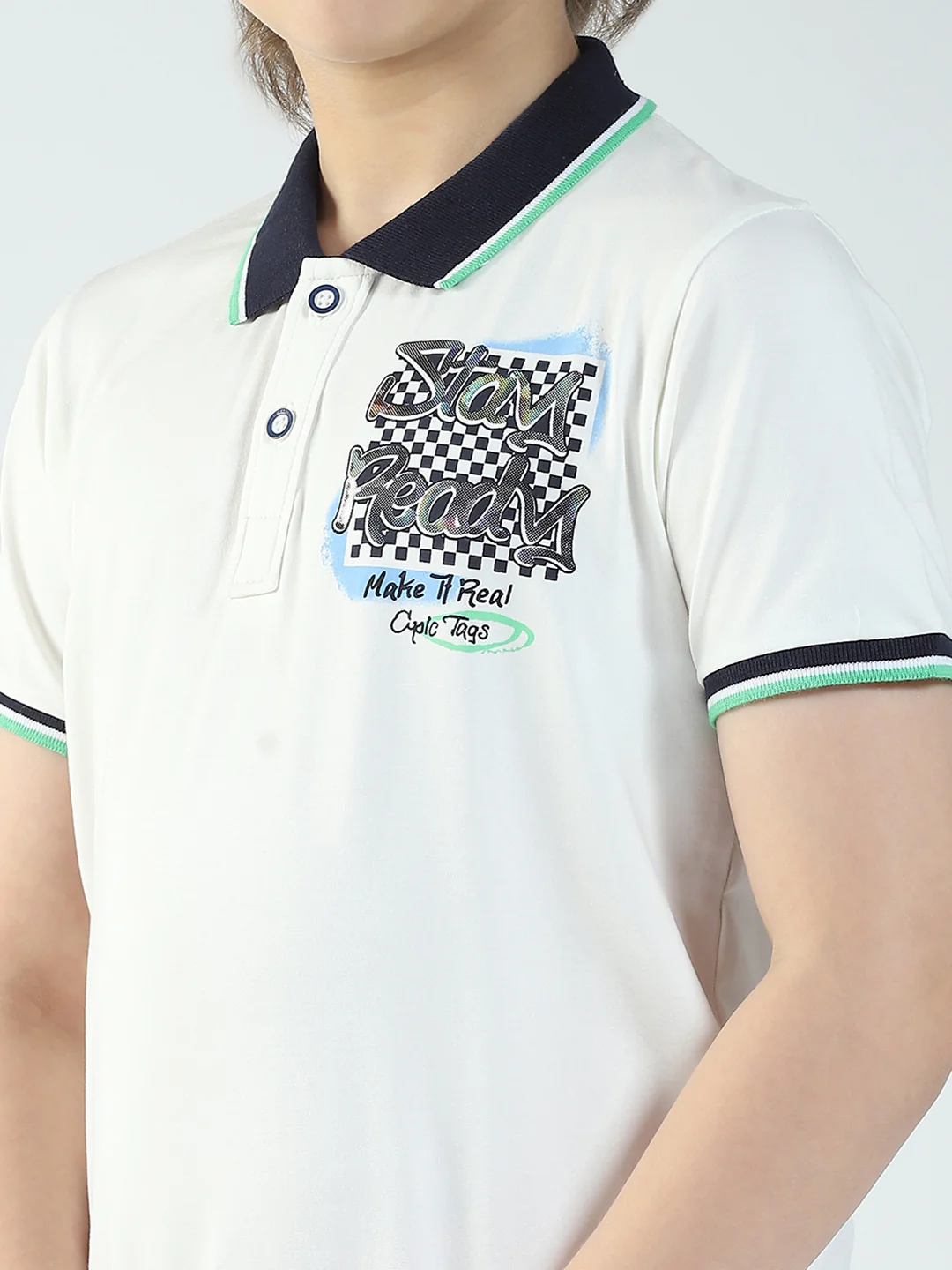 Boys Off White Printed Collar Half Sleeve T-Shirt - Image 6