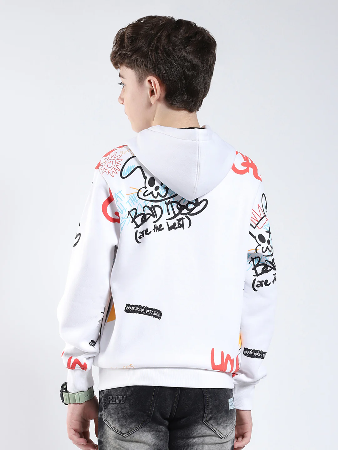 Boys Off White Printed Hooded Full Sleeve Sweatshirt - Image 5
