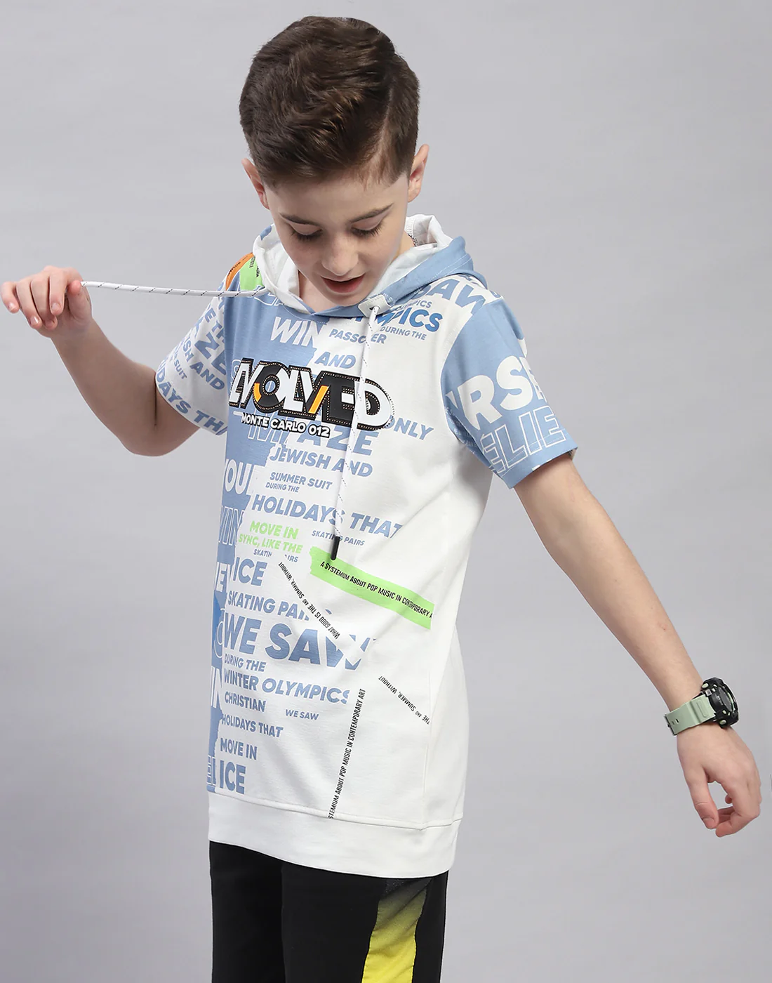 Boys Off White Printed Hooded Half Sleeve T-Shirt - Image 3