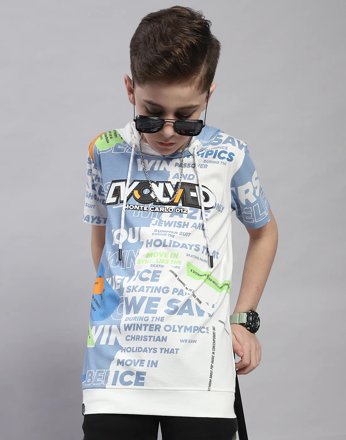 Boys Off White Printed Hooded Half Sleeve T-Shirt - Image 6