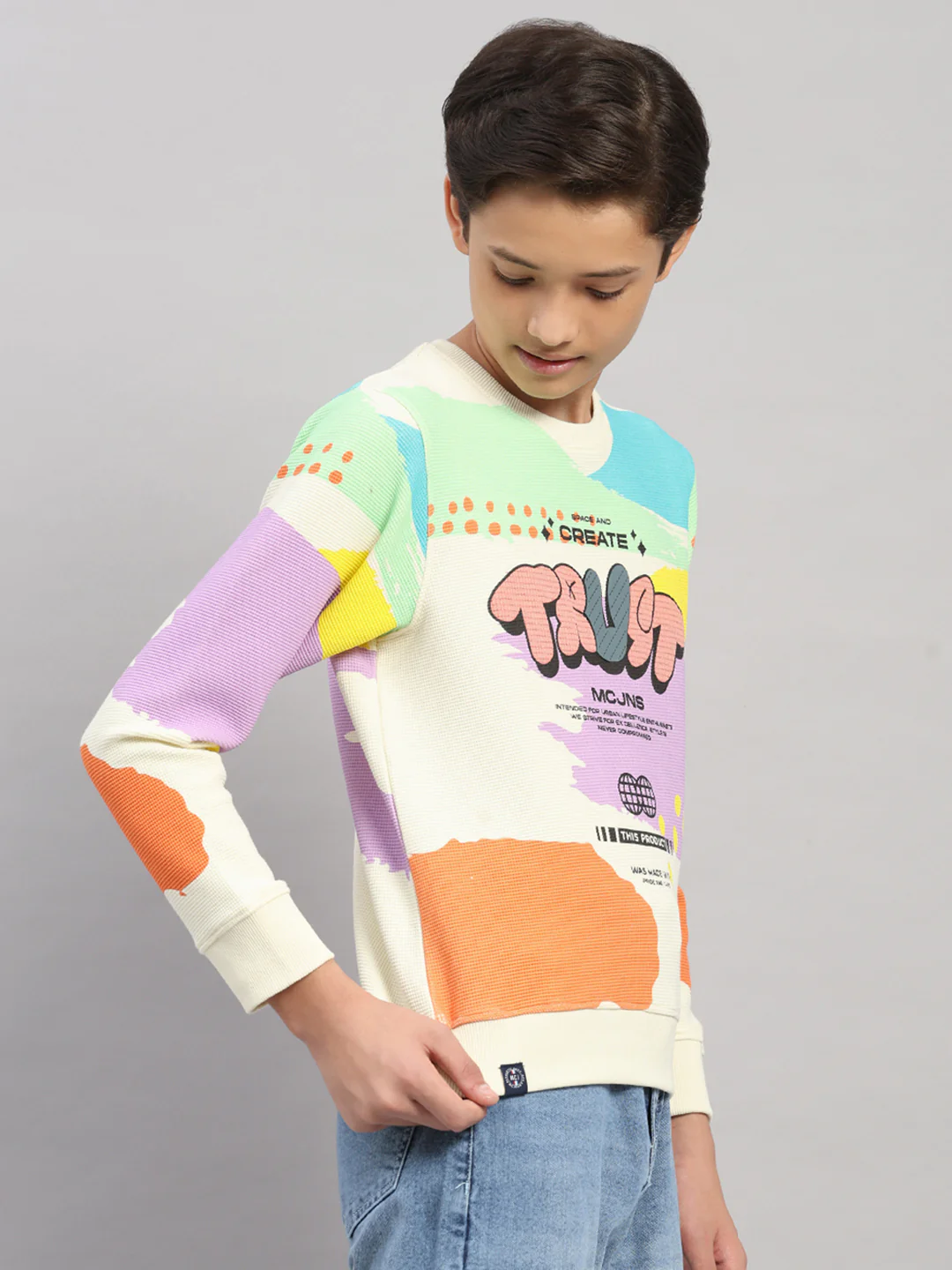 Boys Off White Printed Round Neck Full Sleeve Sweatshirt - Image 4