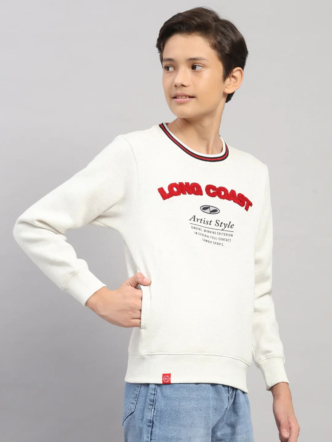 Boys Off White Printed Round Neck Full Sleeve Sweatshirt - Image 4