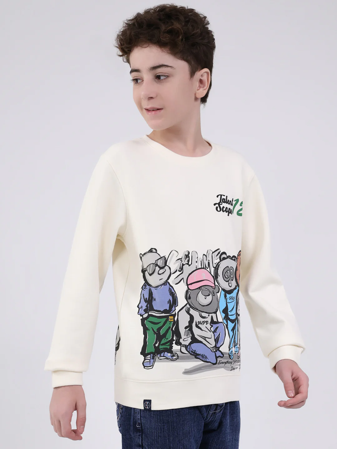 Boys Off White Printed Round Neck Full Sleeve Sweatshirt - Image 4