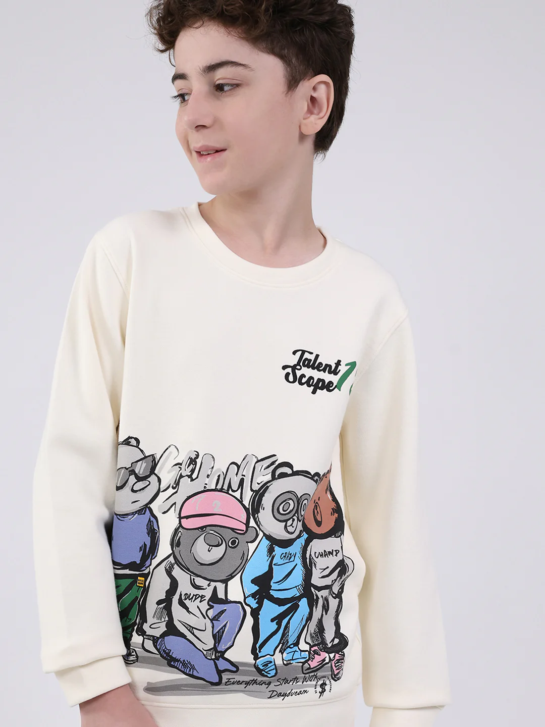 Boys Off White Printed Round Neck Full Sleeve Sweatshirt - Image 6