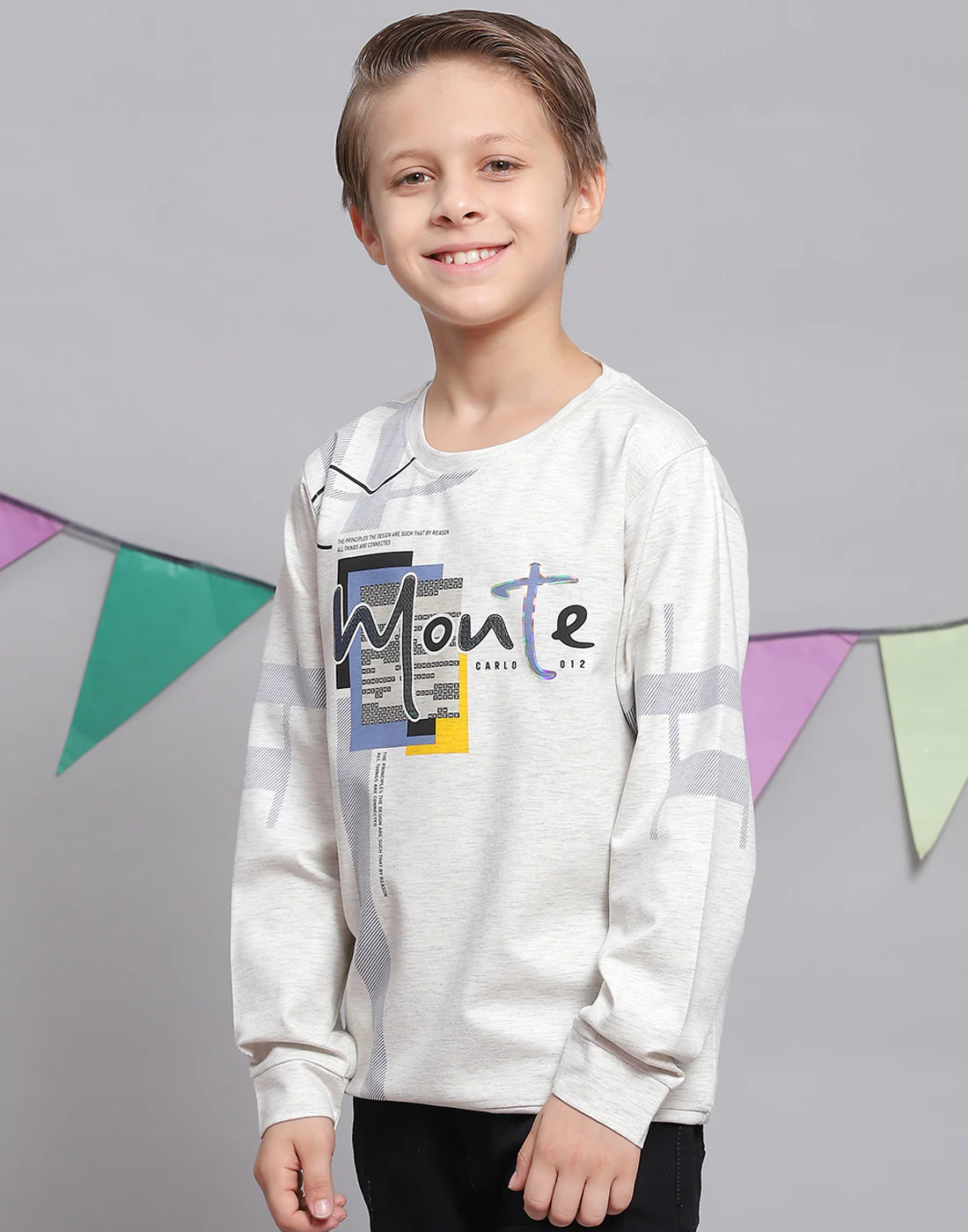 Boys Off White Printed Round Neck Full Sleeve T-Shirts - Image 3