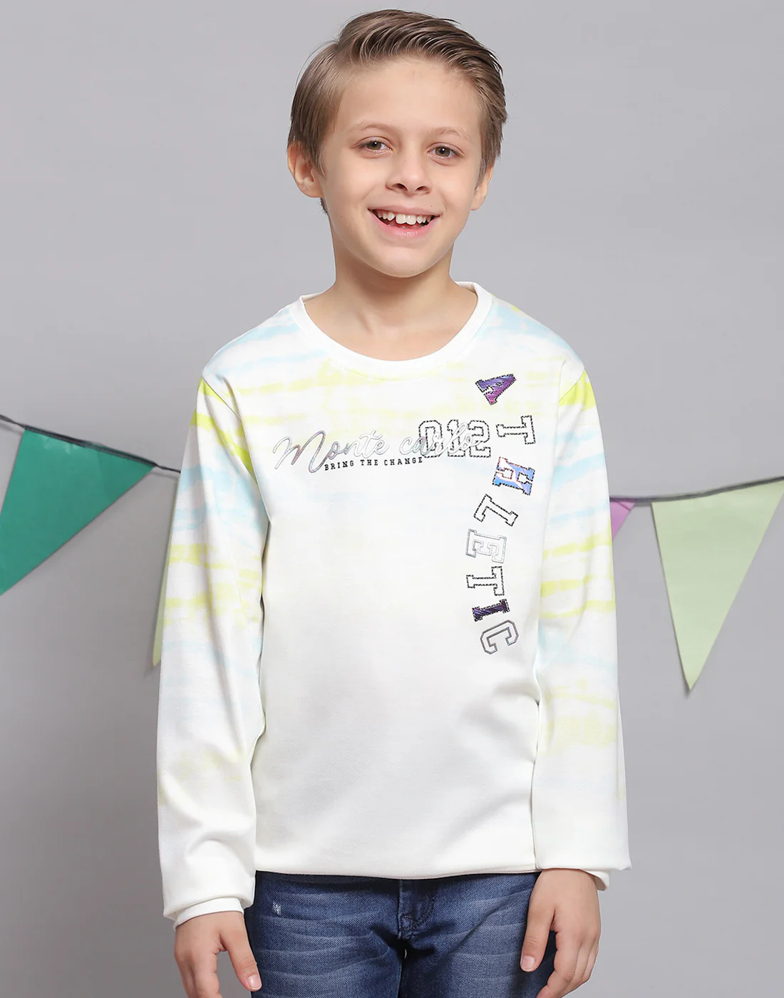 Boys Off White Printed Round Neck Full Sleeve T-Shirts - Image 2