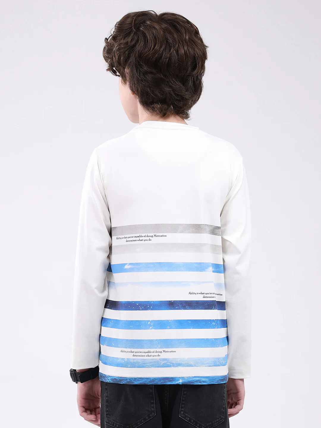 Boys Off White Printed Round Neck Full Sleeve Winter T-Shirt - Image 5