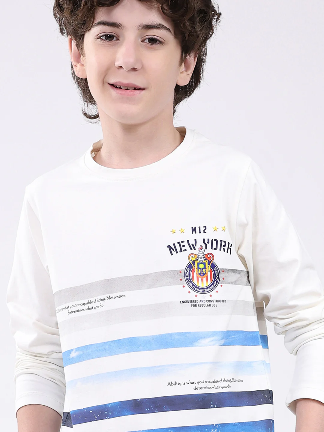Boys Off White Printed Round Neck Full Sleeve Winter T-Shirt - Image 7