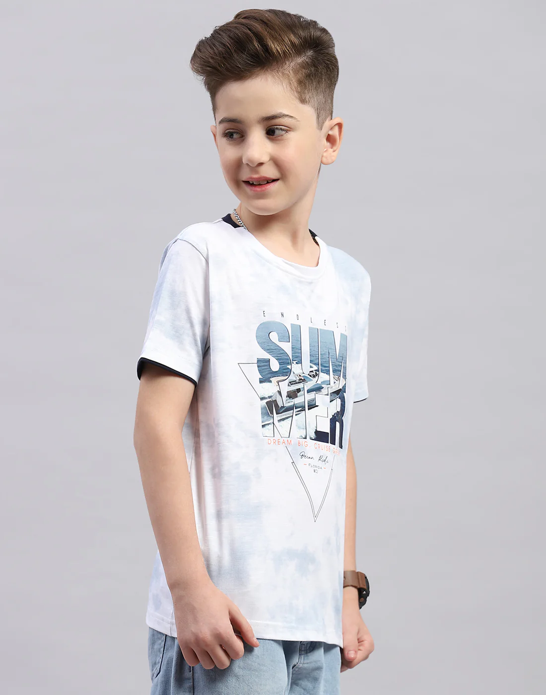 Boys Off White Printed Round Neck Half Sleeve T-Shirt - Image 4